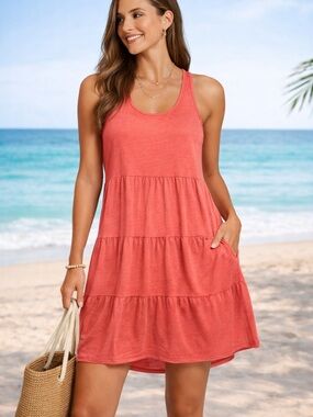 Pink Lily size M Coral Tiered Racerback Swim Cover-Up Dress